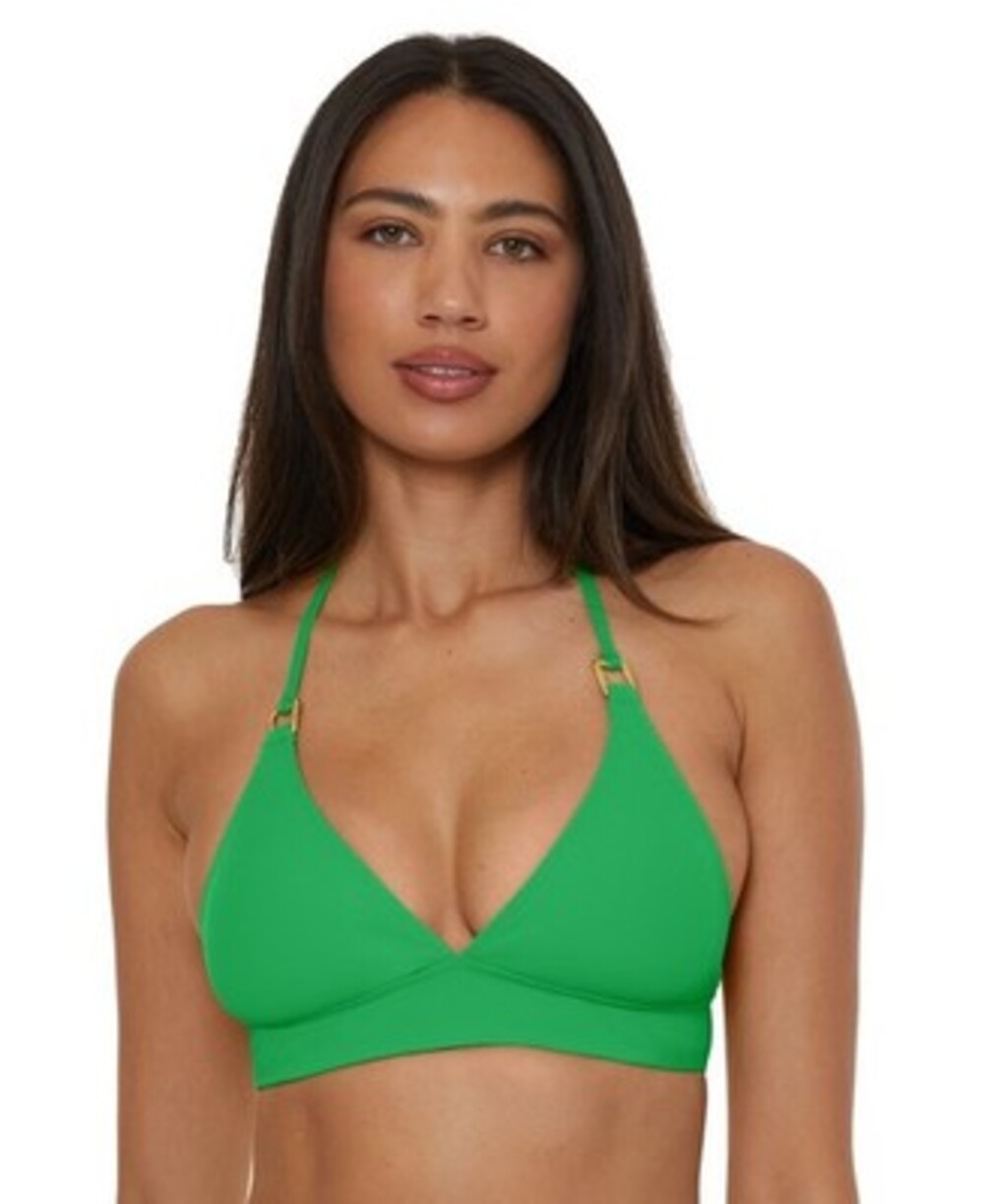 Becca Modern Edge Textured Rib Halter Bikini Top Womens M Green Tie Back Closure